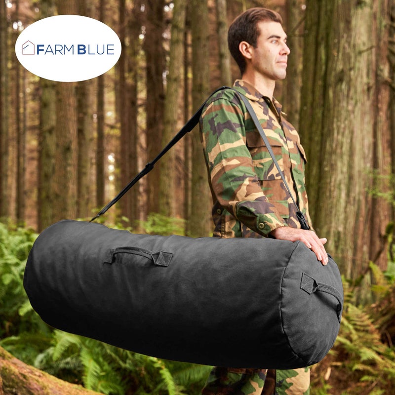 Farm Blue حقيبة دفل زيبير بتصميم جي آي الأزرق من فارم - XL حقيبة دفل عسكرية ثقيلة الوزن - حقيبة دفل قماش قطن عسكرية - حقيبة تخييم معززة - سحاب قوي ومقبض مركزي (أسود، XL) - Image 2